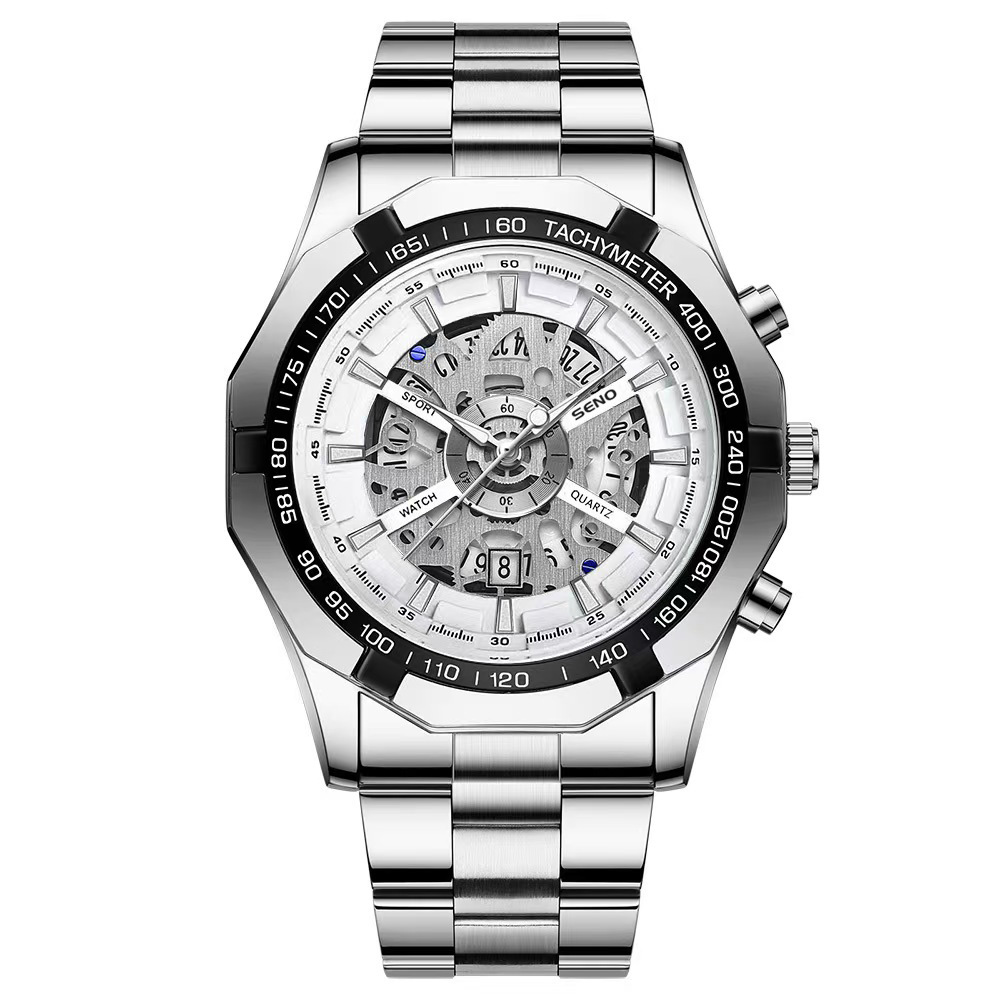 one piece dropshipping seno quartz watch black watch round hollow steel strap watch watch men's watch Specification drawing