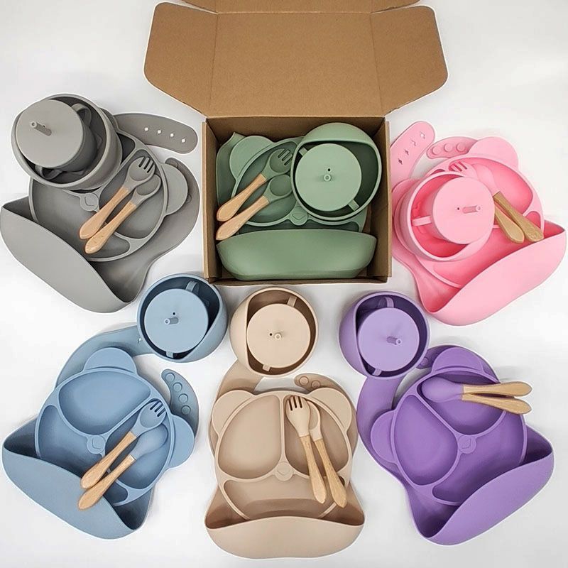 silicone baby tableware set 6-piece set silicone plate suction cup children's silicone service plate snack catcher baby products full figure