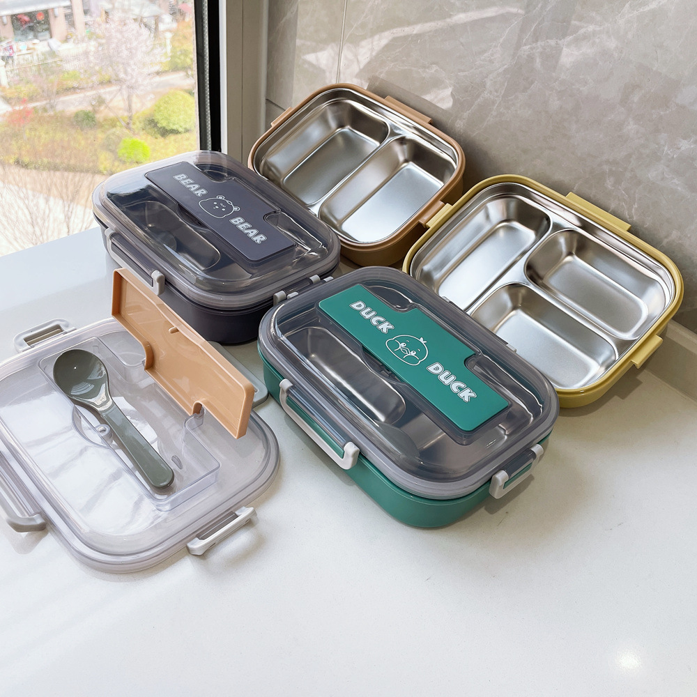 three grid stainless steel lunch box with cutlery bento box heating insulation student lunch box japanese foreign trade one piece dropshipping full figure