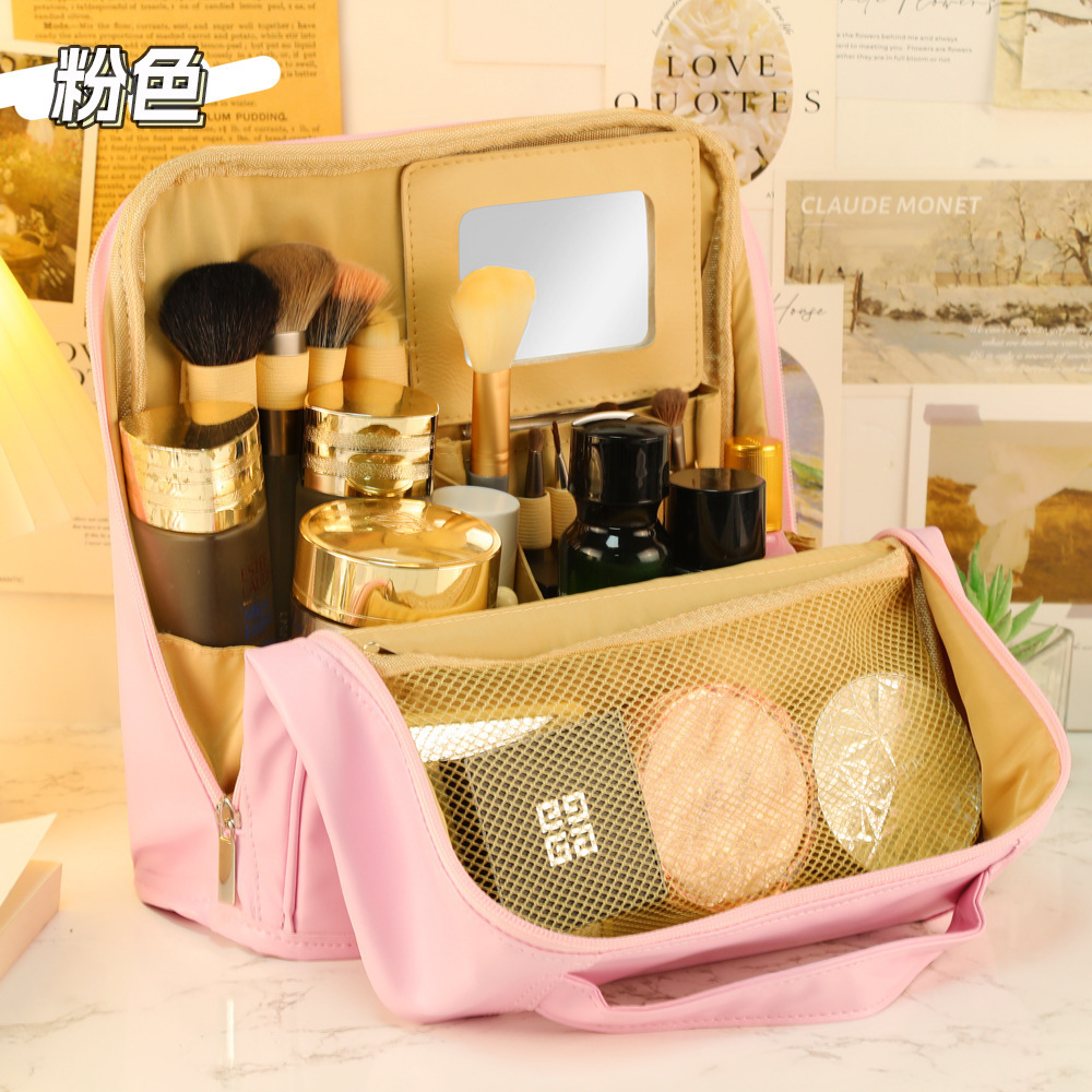 solid color large capacity travel cosmetic bag simple multifunctional storage bag good-looking multi-layer plus-sized stand-able pencil case Item Picture