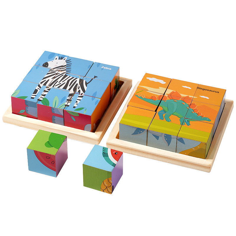 Wooden six-sided painting, children's six-in-one three-dimensional building block puzzle, forest animals, traffic, dinosaurs, fruits and vegetables, engineering vehicles, traffic cognition building block toys Item Picture