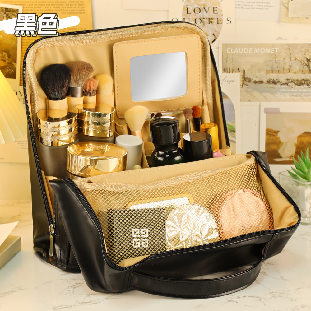 solid color large capacity travel cosmetic bag simple multifunctional storage bag good-looking multi-layer plus-sized stand-able pencil case Application Scenario