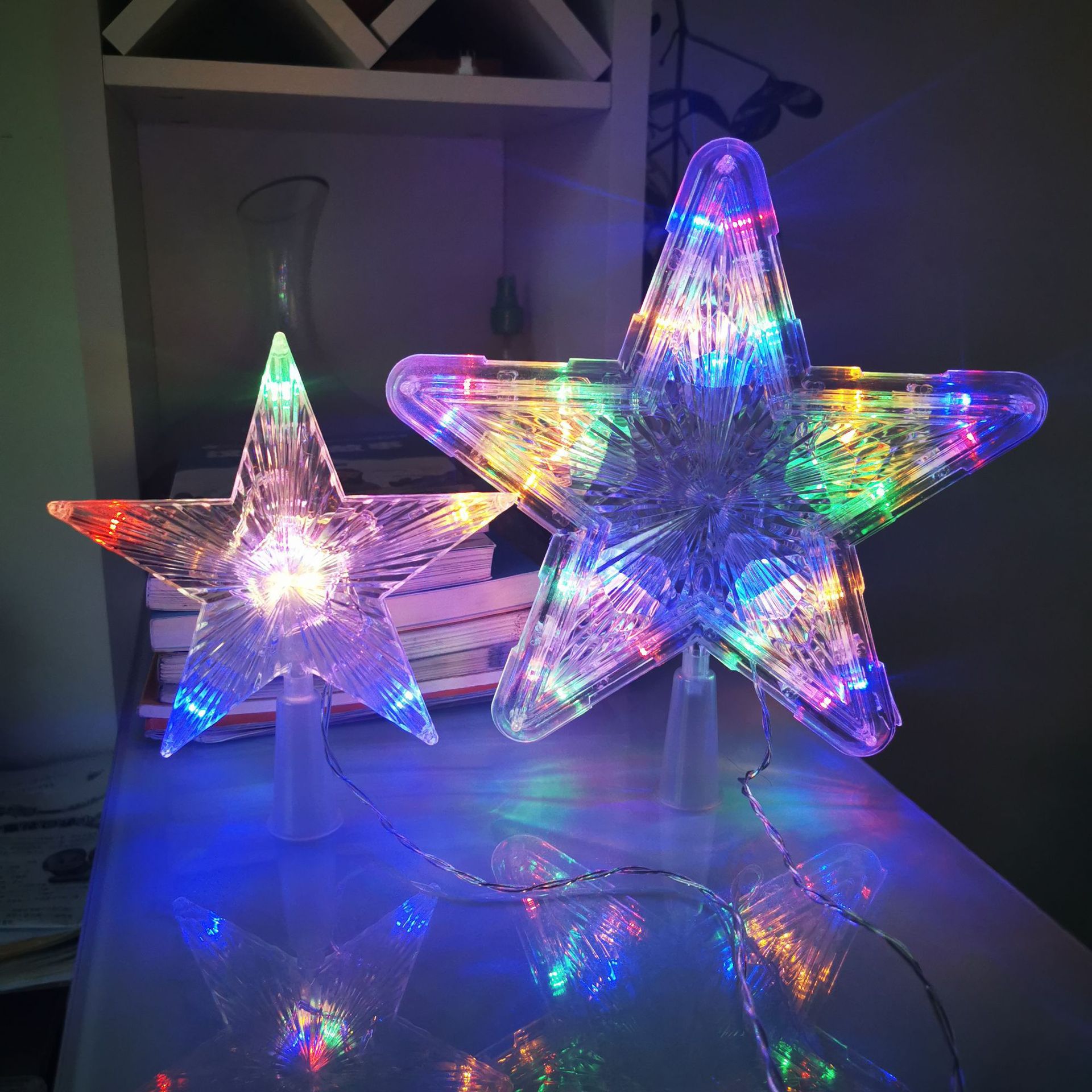christmas tree top light led luminous star light five-pointed star color light battery box room decoration cross-border christmas tree lamp full figure