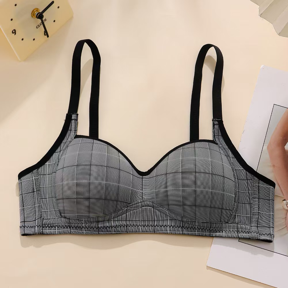 The latest checkered underwear without steel rings, thin and seamless, comfortable and sexy bra in stock for export to Europe, America and Africa Specification drawing