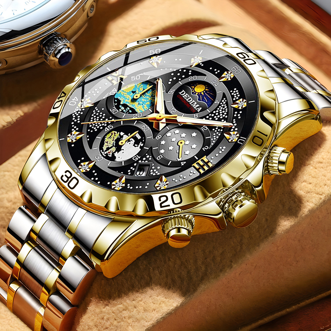 high-end fashion men's four-eye six-pin multi-functional sports luminous sun moon star 24-hour chronograph function watch Item Picture