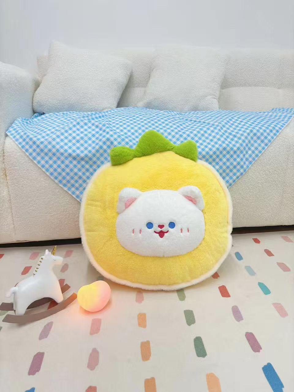 Soft and cute cat face, emerald green leaf pineapple, adorable pineapple cat throw pillow Specification image