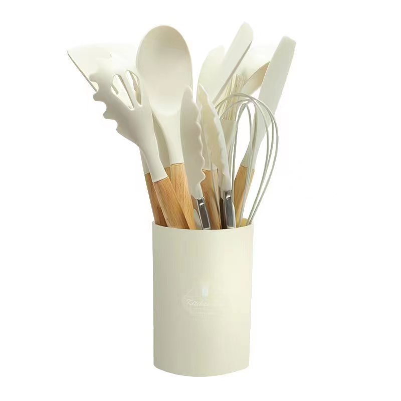 cross-border silicone kitchenware 12-piece set kitchen non-stick pan cooking spatula blackhead removal peeling wooden handle barrel kitchen tools suit Specification drawing