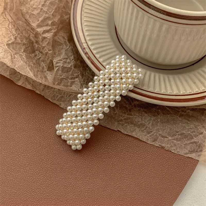 internet celebrity korean simple pearl bb clip handmade word clip bow hair clip women's side clip headdress barrettes wholesale Item Picture