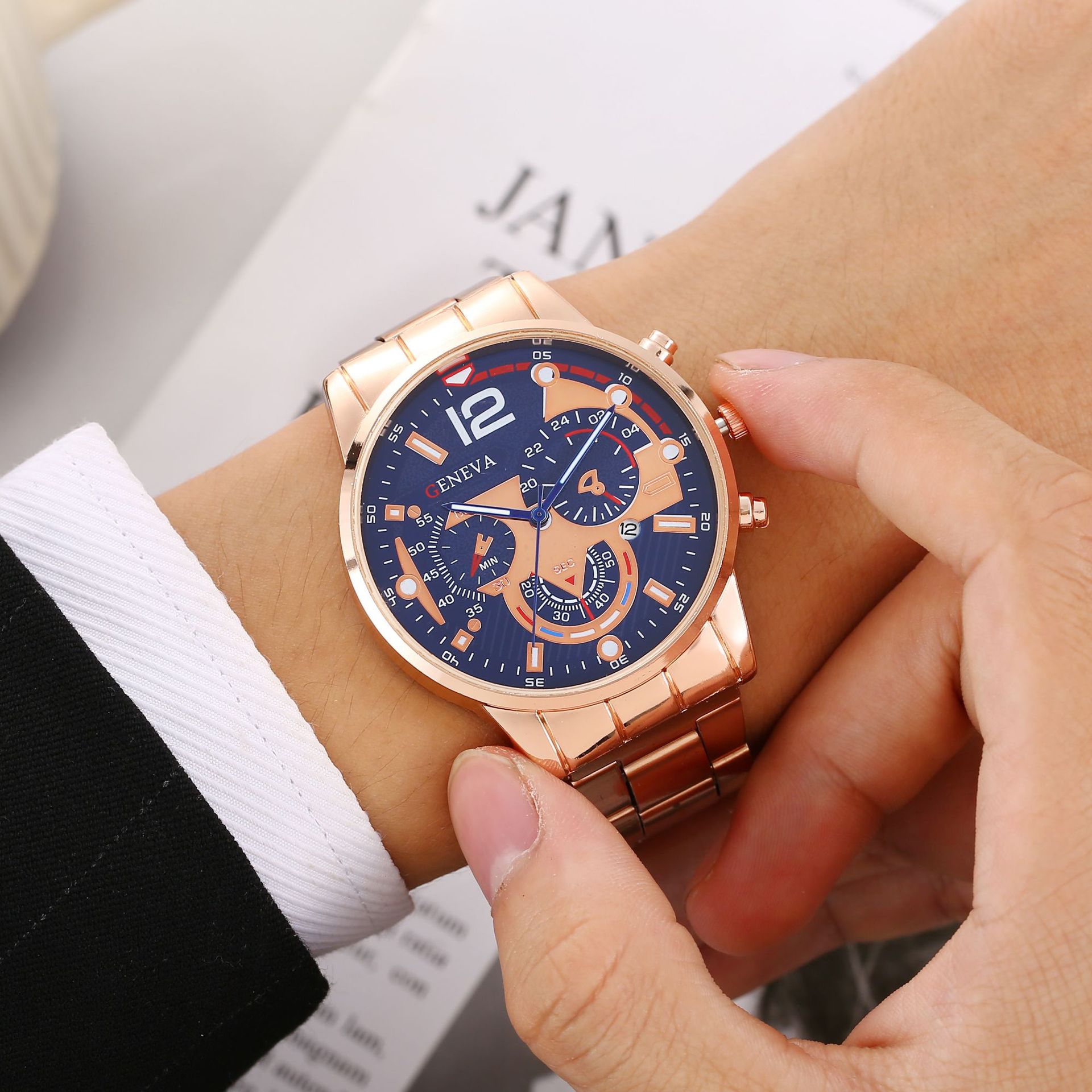 cross-border hot selling popular men's steel belt calendar quartz watch men's sports luminous pointer quartz watch men's watch details Picture