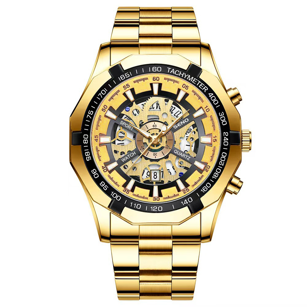 one piece dropshipping seno quartz watch black watch round hollow steel strap watch watch men's watch full figure