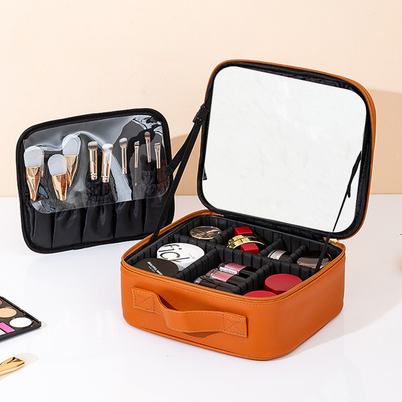 advanced led travel with mirror cosmetic bag women's portable large capacity makeup brush box portable partition beauty bag Specification drawing