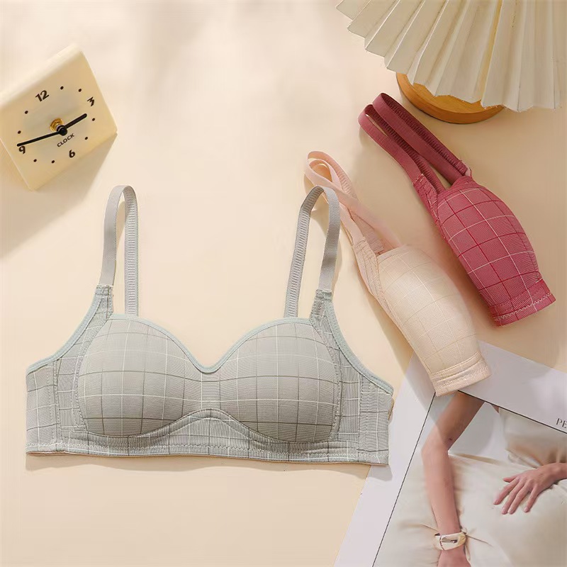 The latest checkered underwear without steel rings, thin and seamless, comfortable and sexy bra in stock for export to Europe, America and Africa Item Picture