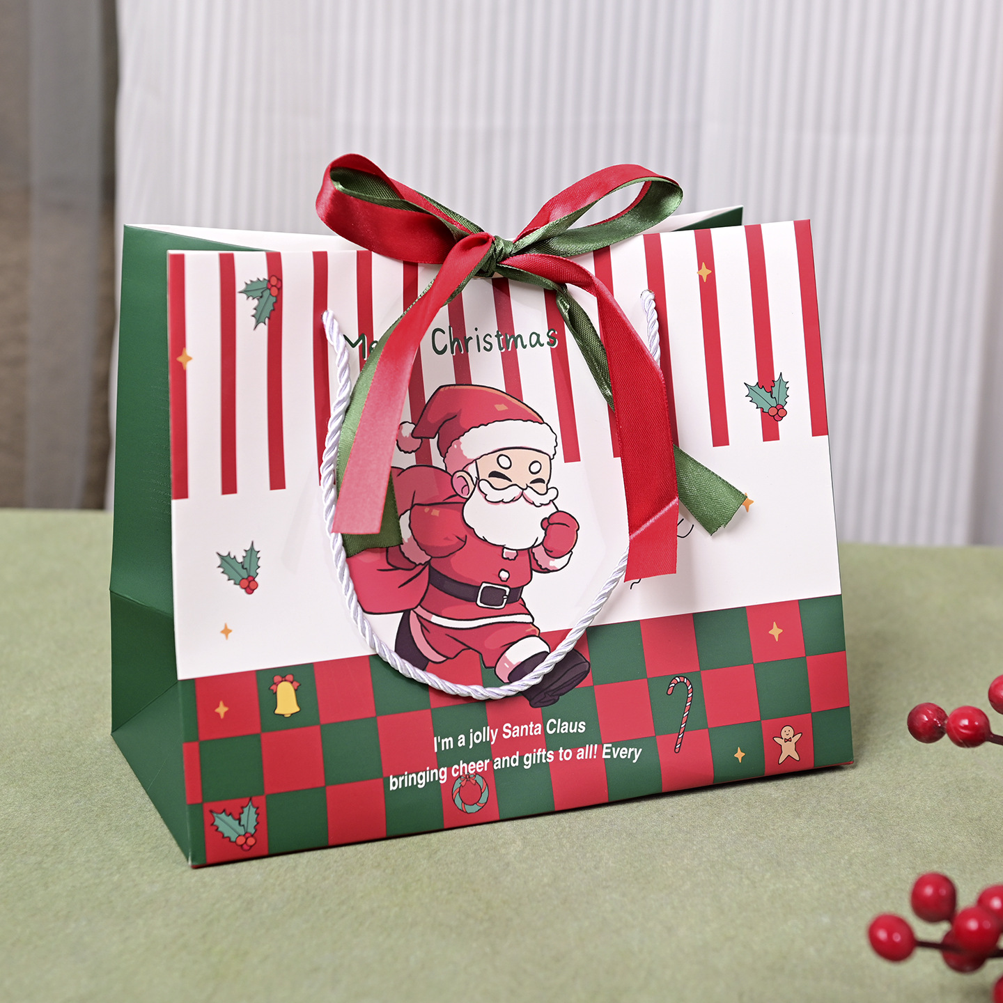 christmas gift bag new year red packaging bag christmas eve candy handbag paper bag with ribbon wholesale discount details Picture