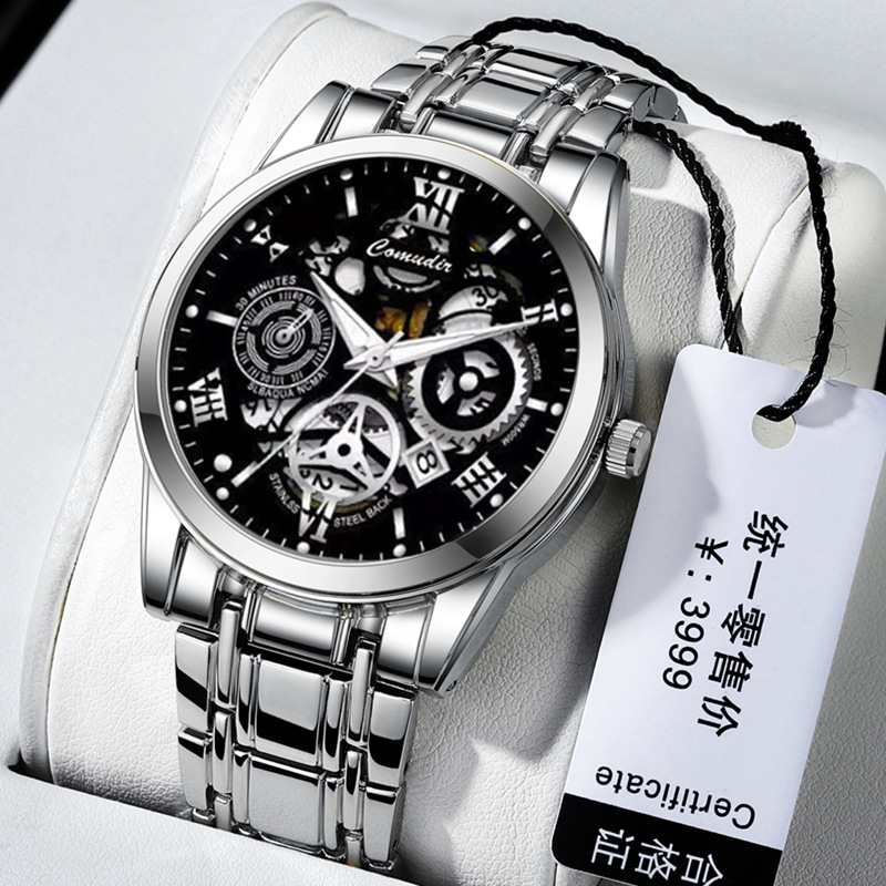 cross-border foreign trade hollow men's watch men's waterproof luminous calendar aliexpress dried shrimp tiktok kuaishou one piece dropshipping details Picture