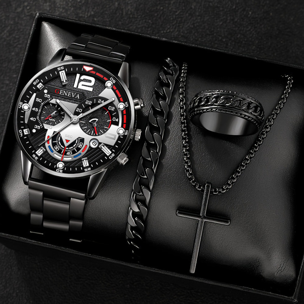 factory direct sales watch set men's high-grade glass quartz watch men's steel strap watch one piece dropshipping full figure