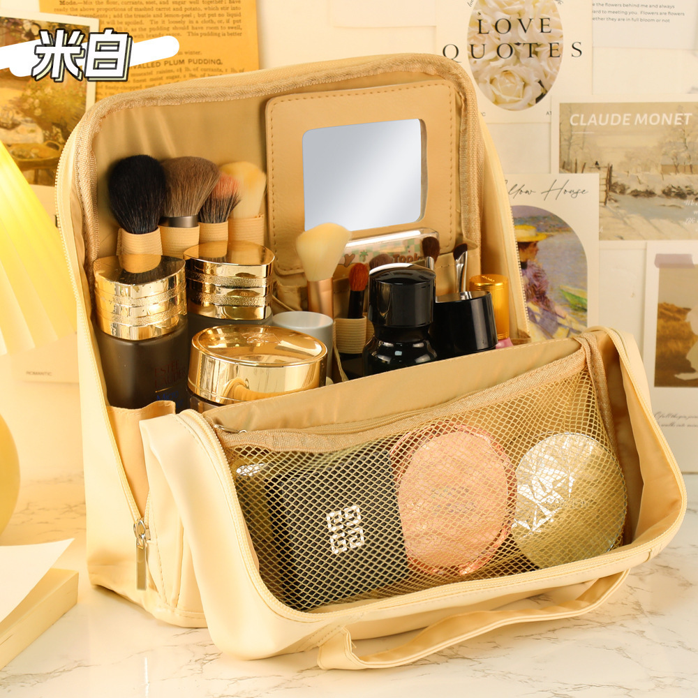 solid color large capacity travel cosmetic bag simple multifunctional storage bag good-looking multi-layer plus-sized stand-able pencil case details Picture
