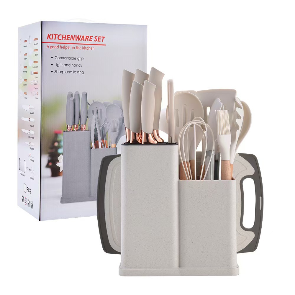 factory in stock silicone kitchenware 19-piece knife set kitchen tool belt storage spatula and soup spoon scraper cutting board full figure
