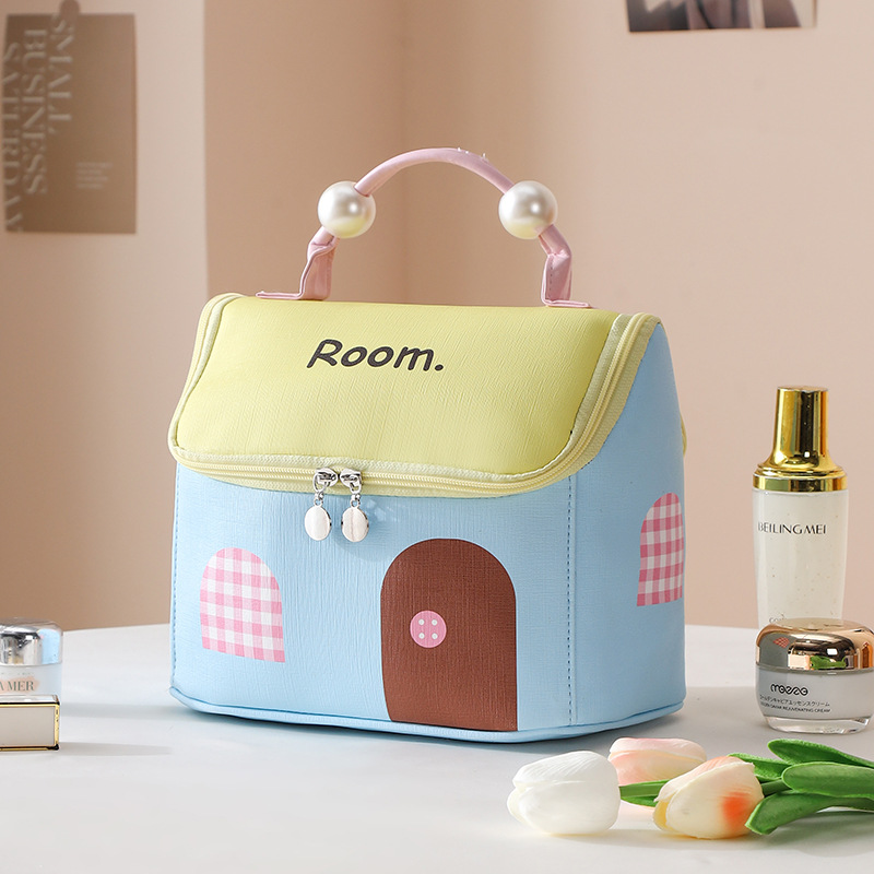 house cosmetic bag travel leather storage bag pu waterproof partition wash bag cute pearl cottage buggy bag Specification drawing