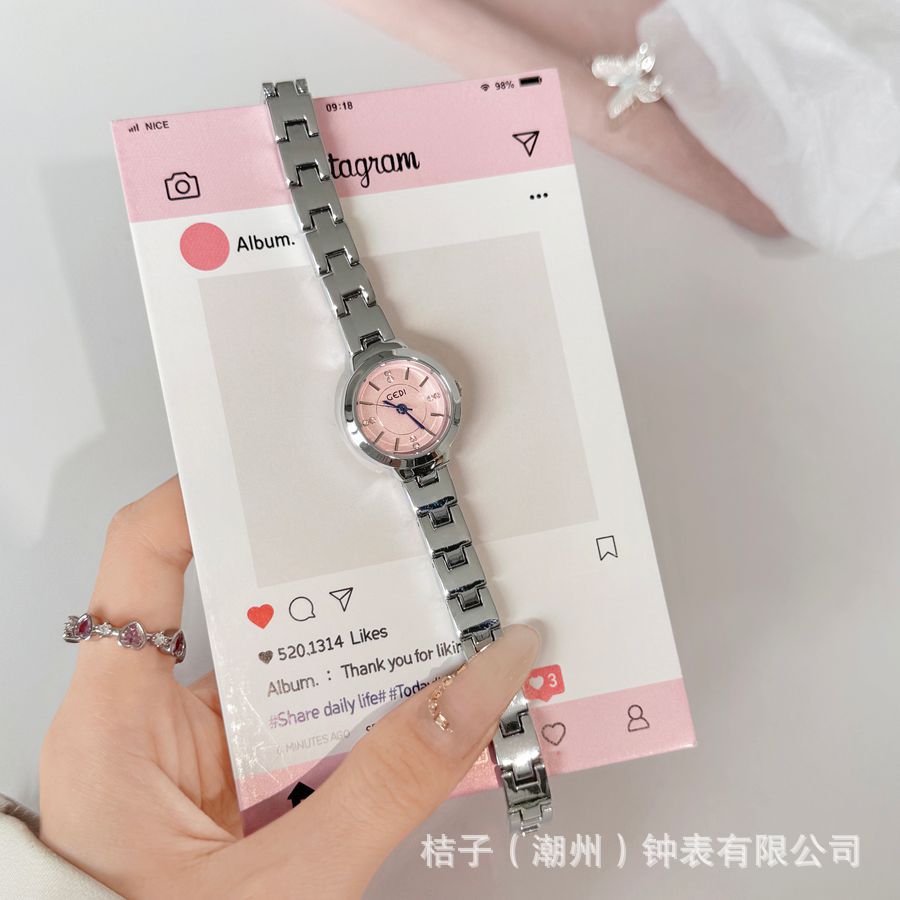 godi pink watch collection quartz waterproof ins style light luxury metallic belt design sense peach high sense simple details Picture