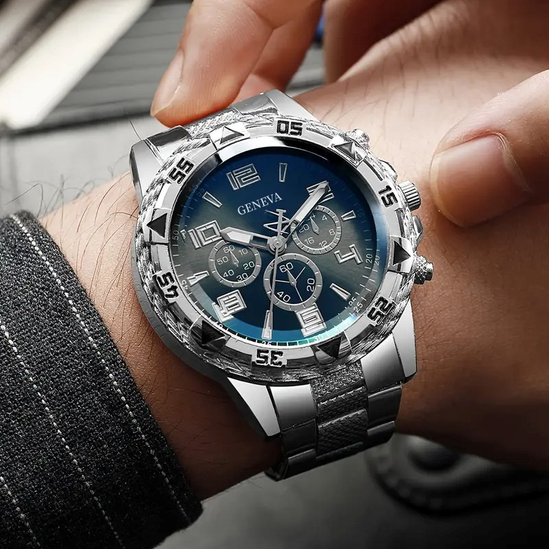 cross-border hot blue light colorful glass men's watch steel band quartz watch digital engraved vacation three-eye watch wholesale Item Picture