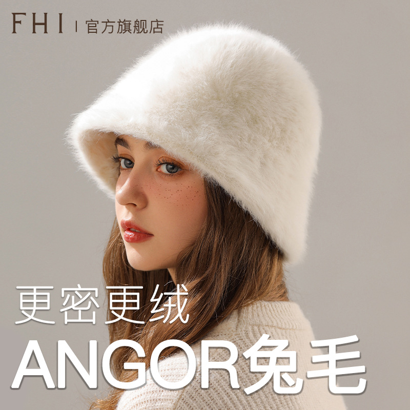 women's winter big head circumference real rabbit hair plush hat autumn and winter bucket hat cover face show face small bucket bucket hat details Picture