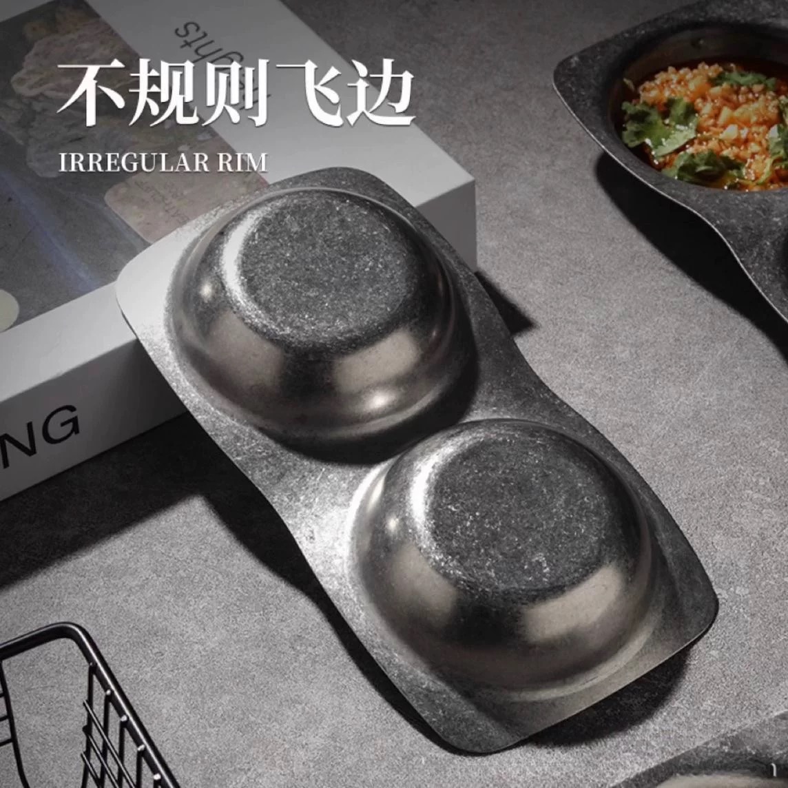 Retro stainless steel tableware, aged and flanged Korean barbecue flavor plates, one, two and three sauce-flavored plates Application Scenario