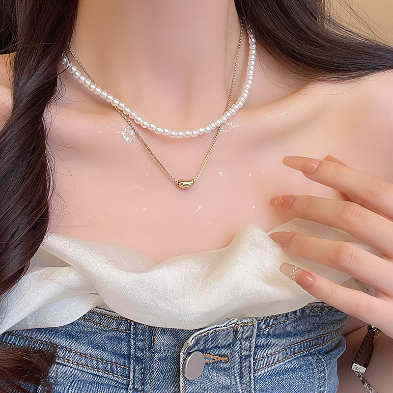 korean style popular double-layer pearl necklace women's light luxury minority high sense twin clavicle chain vintage necklace ornament Specification drawing