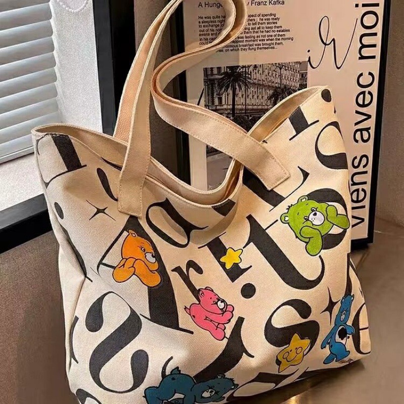 student's canvas bag women's large capacity tote commuter bag all-matching printed mummy bag portable shoulder bag shopping bag women Specification drawing