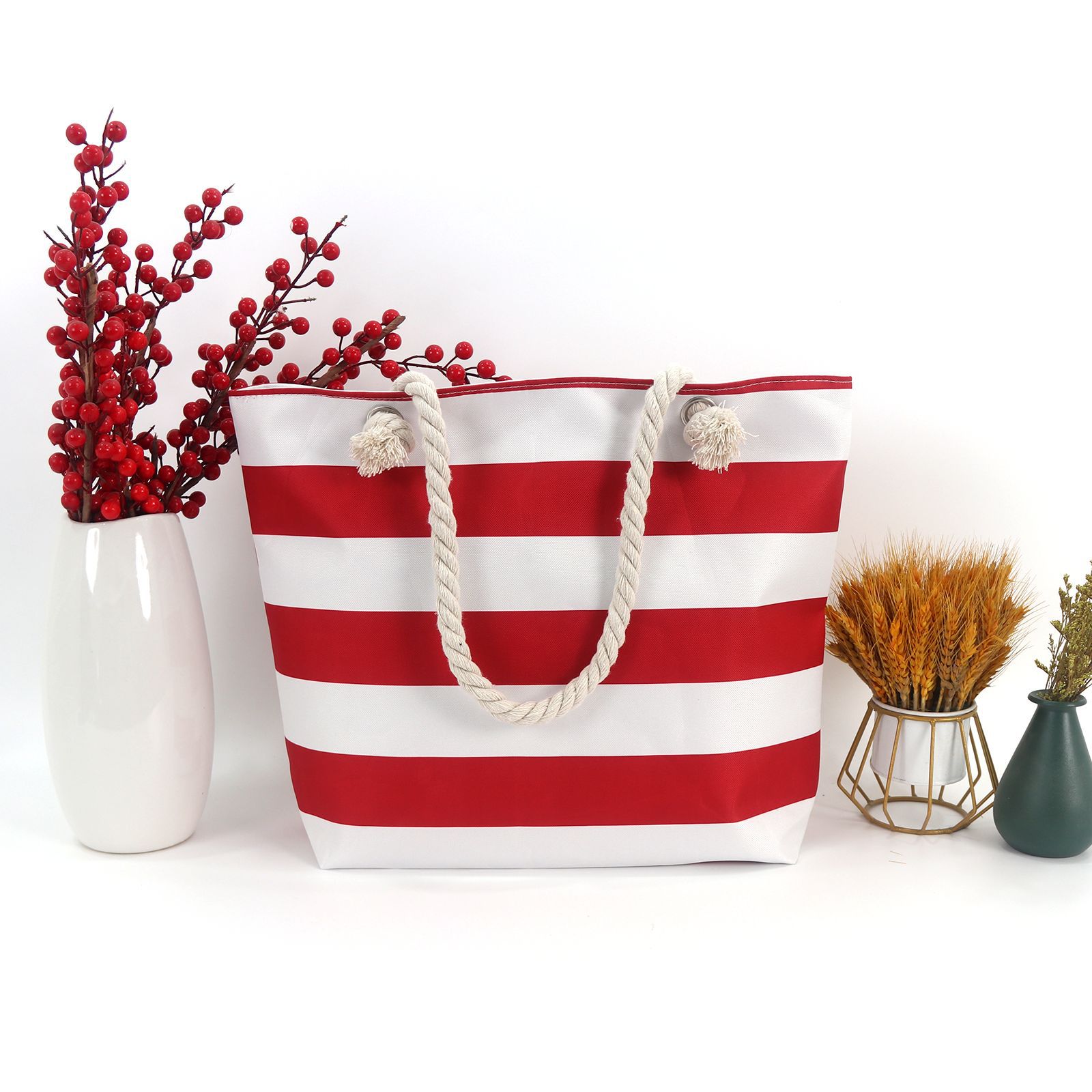 cross-border large capacity striped beach bag women's bag underarm shoulder bag simple all-match casual storage canvas bag Specification drawing