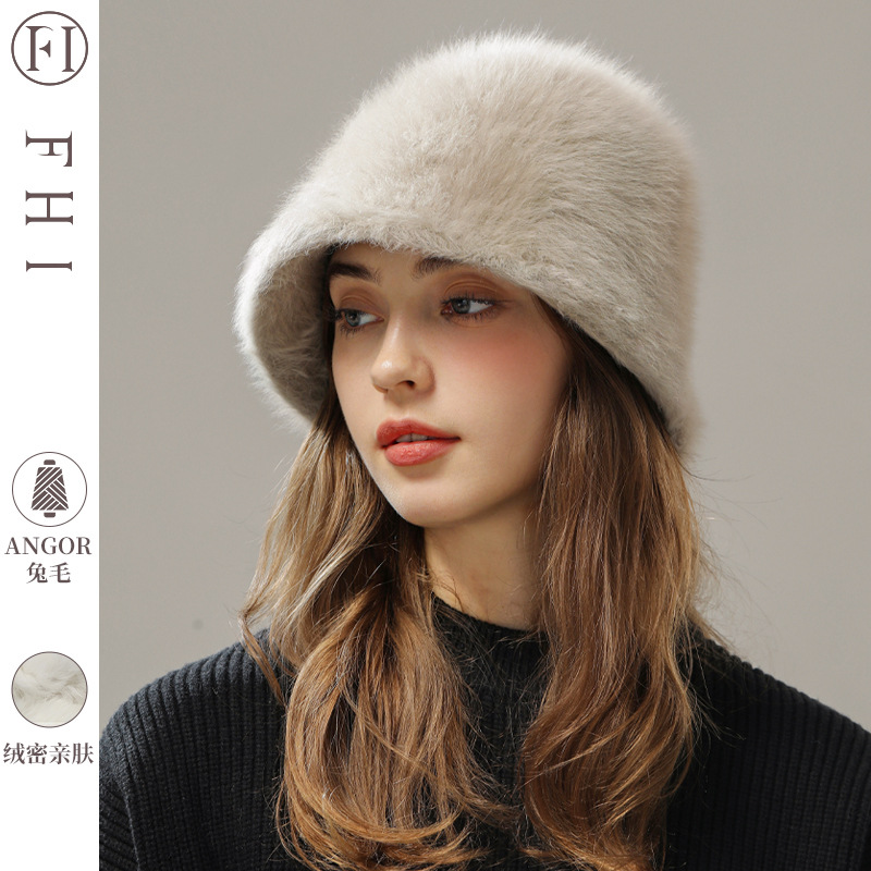 women's winter big head circumference real rabbit hair plush hat autumn and winter bucket hat cover face show face small bucket bucket hat Item Picture
