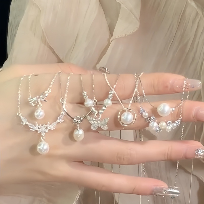 s925 sterling silver pearl necklace women's non-fading niche high-grade clavicle chain light luxury all-match pendant summer new product Specification drawing