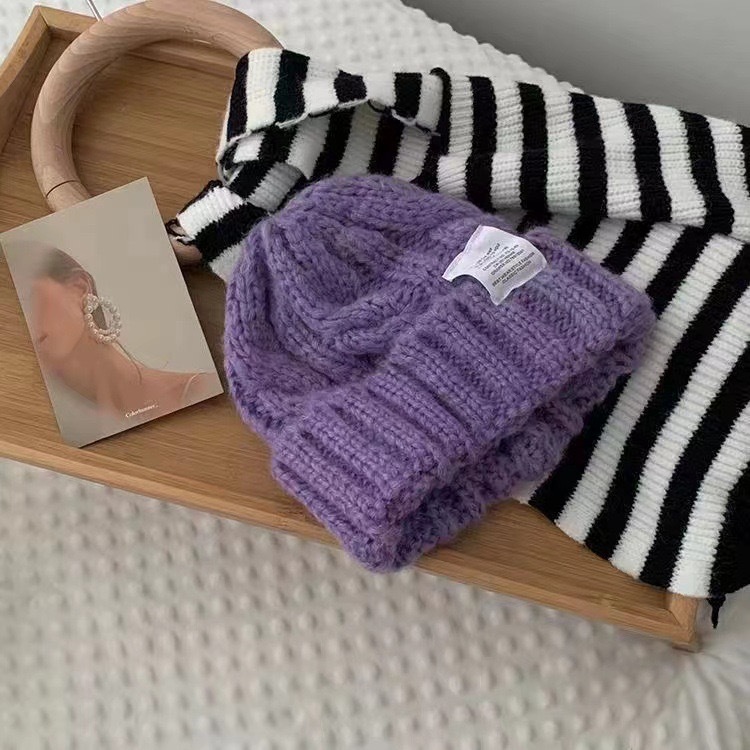 pure color japanese student's hat women's autumn and winter high-looking thick knitted woolen cap all-match loose big head circumference beanie hat Item Picture