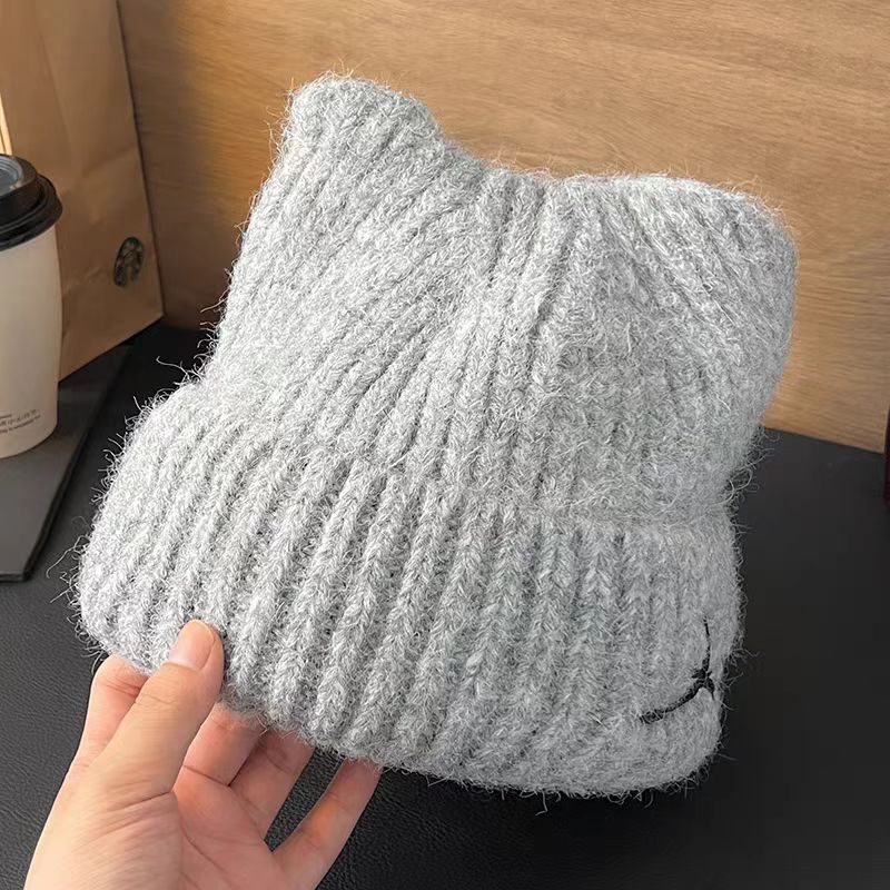 hat male and female cute  ears autumn and winter new knitted hat winter warm embroidery face small beanie hat woolen cap Specification drawing