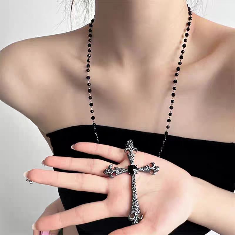 dark cross long hot girl beaded necklace for women 2024 new sweet cool y2 punk necklace sweater chain accessories details Picture