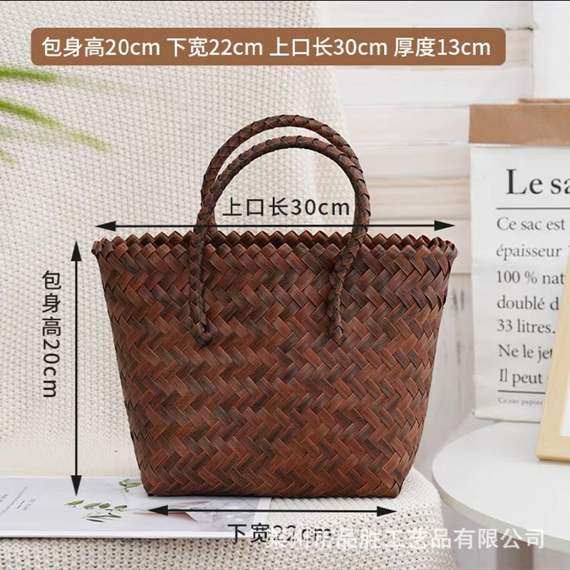 bamboo handbag new rattan and straw woven bag bamboo handle women's bag retro handmade tote bag vacation bag Item Picture