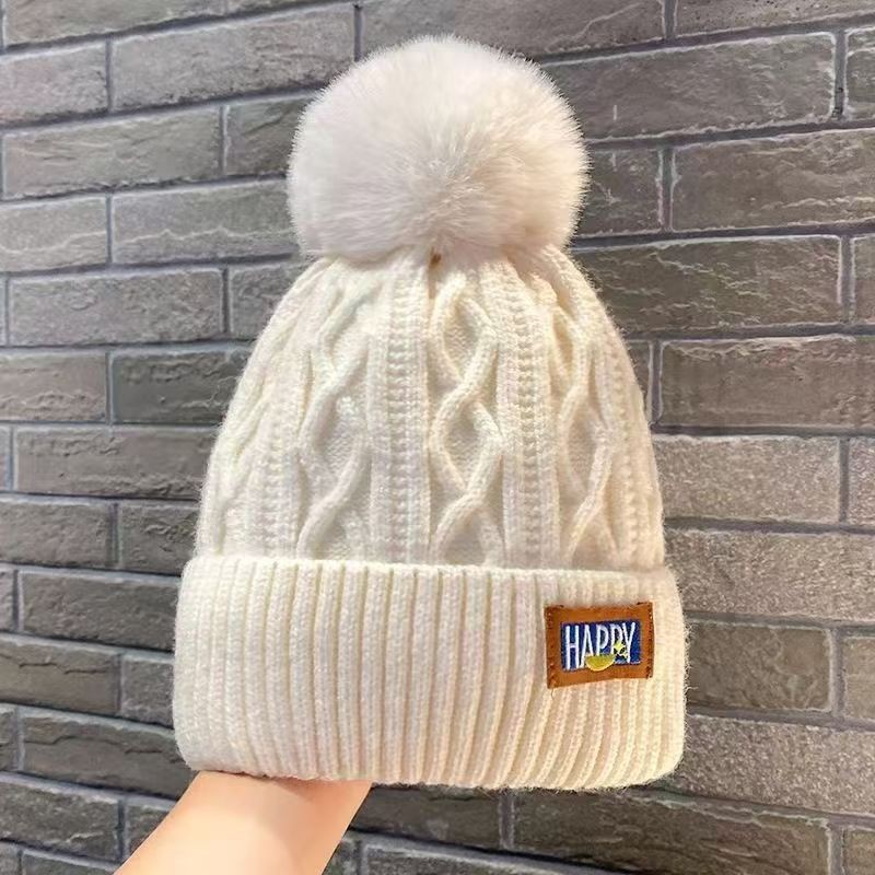 winter fleece-lined woolen hat thick warm northeast knitted hat women's big head circumference ear protection hair ball cap white ball cap full figure