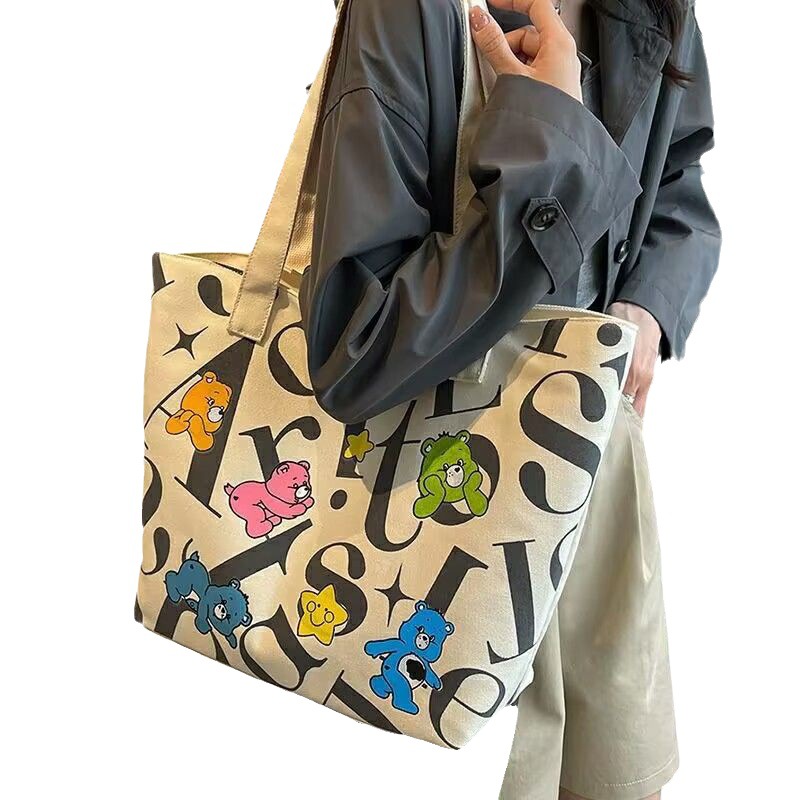 student's canvas bag women's large capacity tote commuter bag all-matching printed mummy bag portable shoulder bag shopping bag women Item Picture