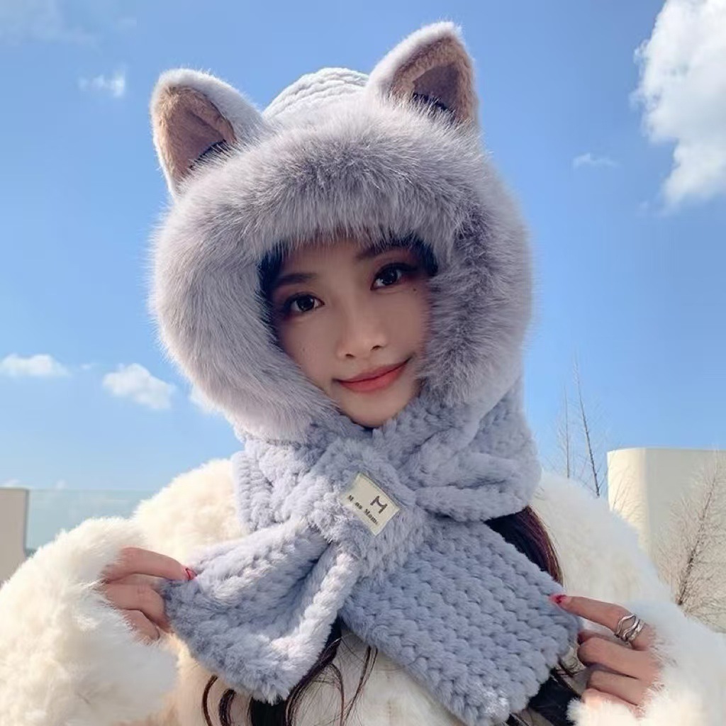 korean style hat women's autumn and winter hat scarf three-piece set cute rabbit ears all-matching thick warm scarf three-piece set Specification drawing