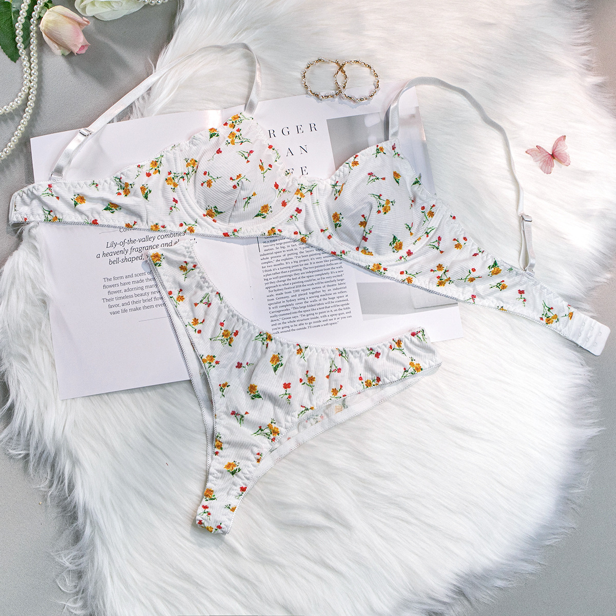 2023 summer europe and america cross border hot selling sexy underwear knitted sexy pastoral style small floral steel ring two-piece set full figure