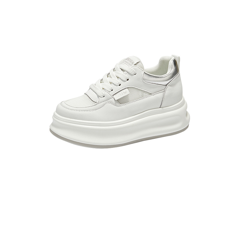 thick-soled leather white shoes for women 2025 new spring versatile single-layer shoes platform sneakers height increasing insole casual sneakers details Picture