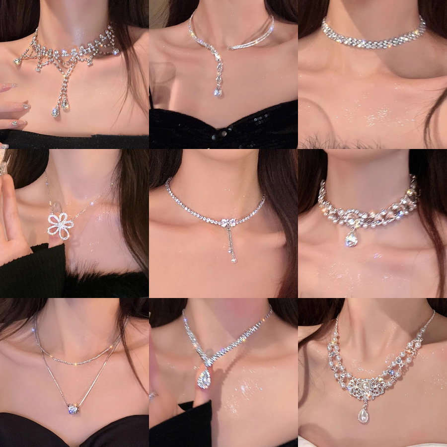 a total of dinner party ~ full diamond super shiny tassel necklace female light luxury minority design sense chest necklace advanced clavicle chain neck chain full figure
