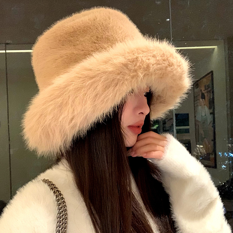 imitation fur plush hat for women autumn and winter show face small bucket cap knitted thickened warm ear protection cold-proof bucket hat details Picture