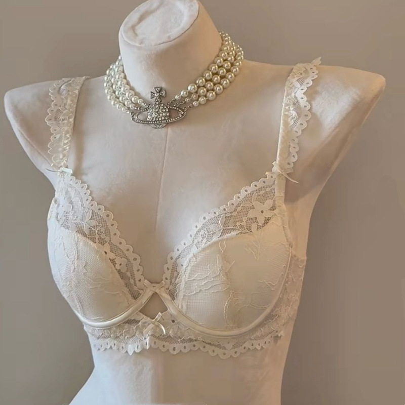 girl's private french lace underwear women's breasts contracting push up and anti-sagging soft steel ring bra set details Picture