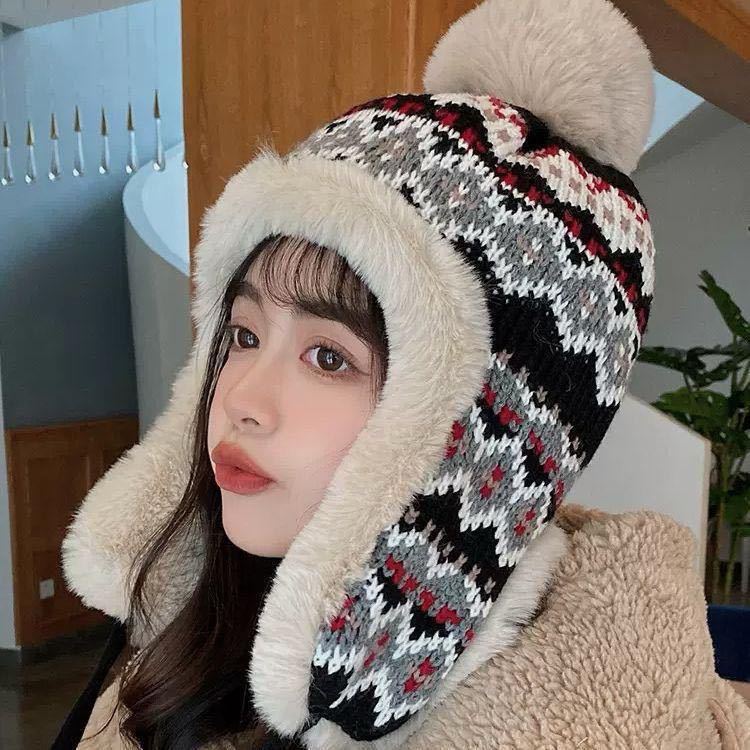 winter thickened velvet padded thermal lei feng cap women's knitted jacquard pattern earmuffs hat northeast cold proof all-matching casual full figure