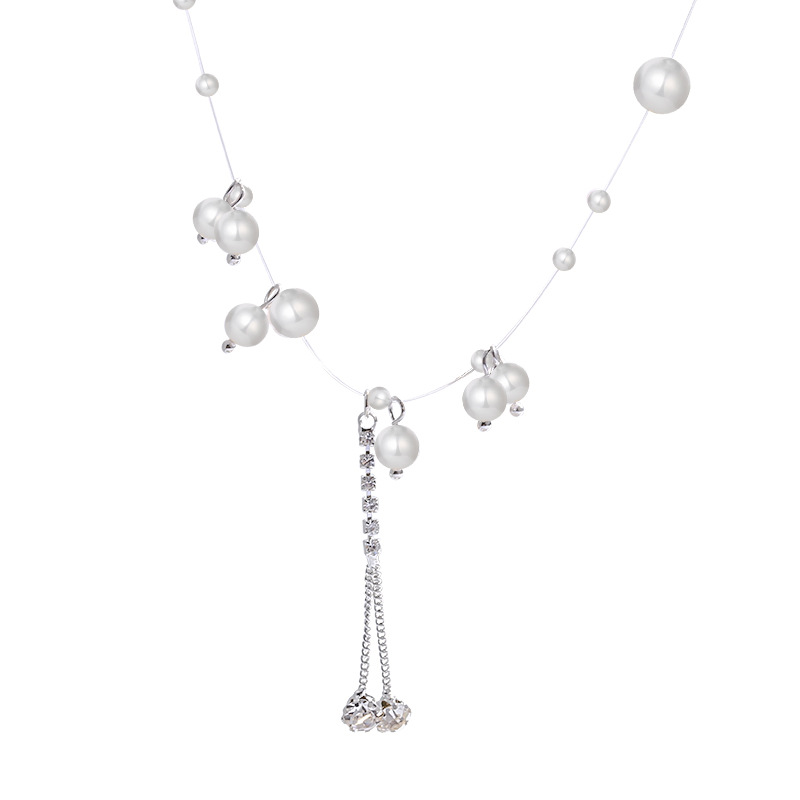 european and american super fairy zircon tassel necklace women's high sense vintage pearl fishing line clavicle chain all-match hot girl jewelry Item Picture