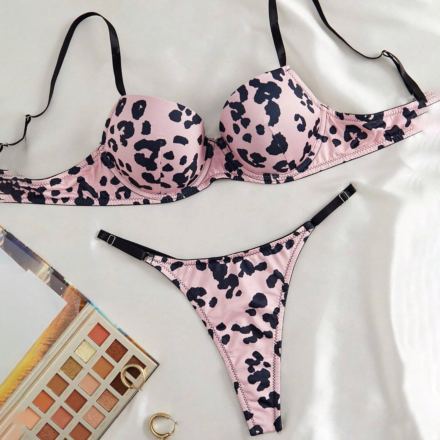 europe and america cross border leopard print sexy bra t-back suit comfortable push-up underwear set Item Picture