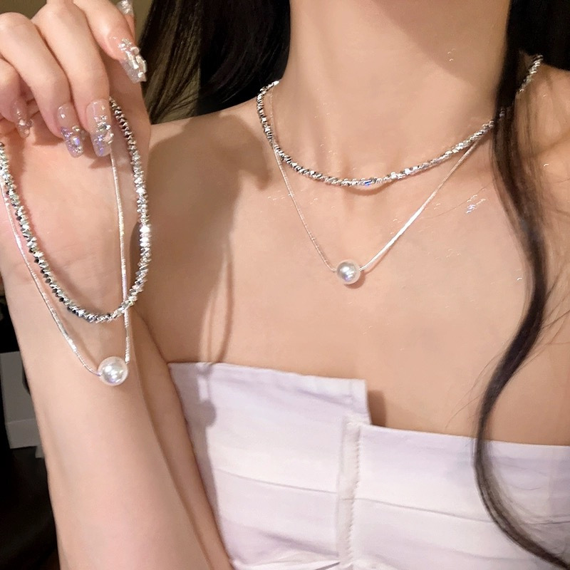 women's silver pearl double-layer necklace summer high-end design versatile clavicle chain 2024 new popular ornament details Picture