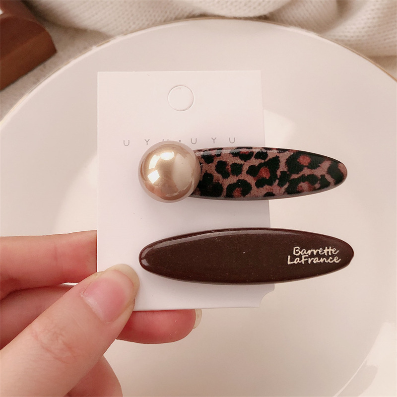 korean style new leopard printed pearl duckbilled hair clip fashion all-match side clip bang clip high sense hairpin hair ornaments Item Picture