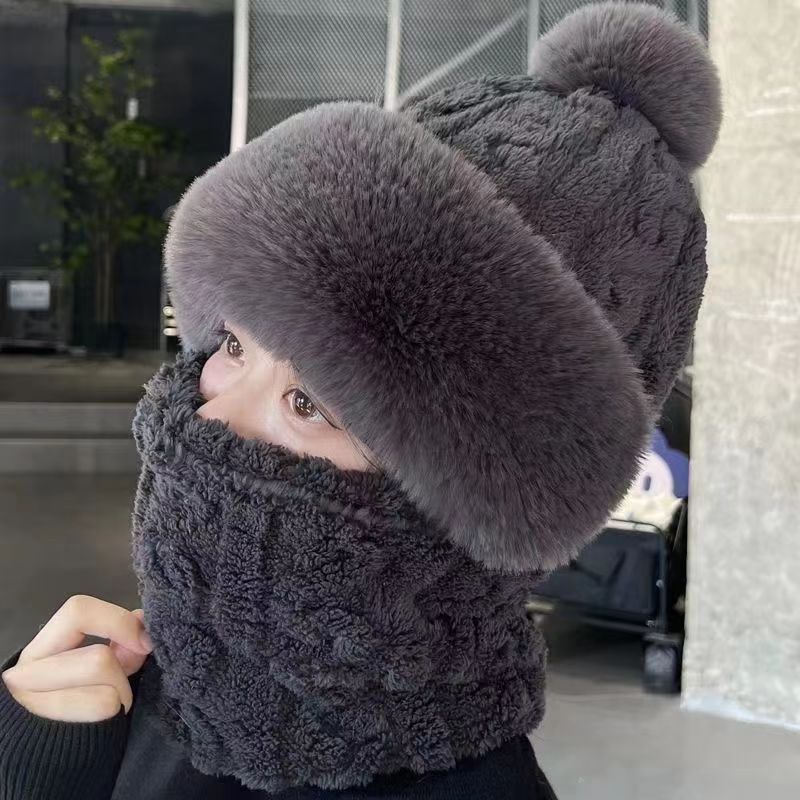 hat scarf integrated female winter 2025 new fleece-lined thickened windproof cycling cold-proof electric car warm pullover cap Item Picture