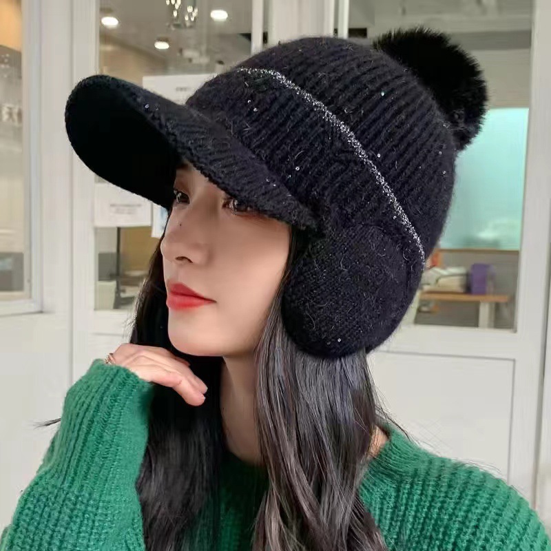 women's winter knitted hat neck warmer pullover cap fleece lined padded warm keeping wind-proof cap knitted earflaps cycling wool cap Item Picture
